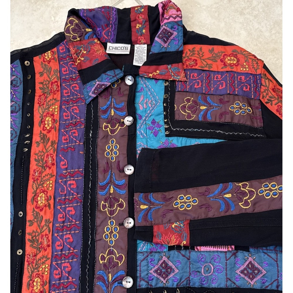 Chicos Patchwork Embroidered Button Front Jacket Multi Color Boho Size 2 - Picture 8 of 10